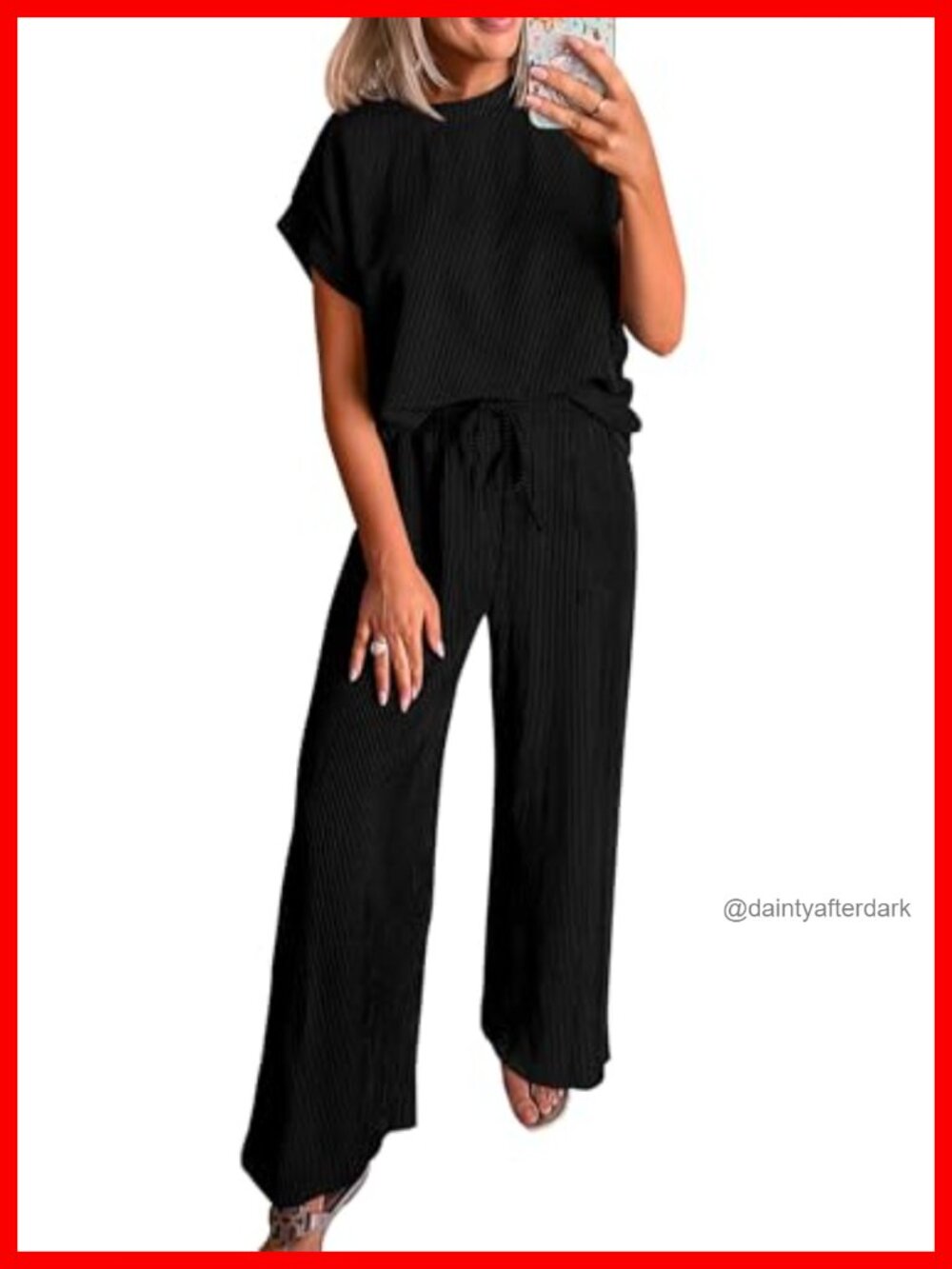 Women 2 Piece Ribbed Knit Lounge Set Short Sleeve Top Wide Leg Pants